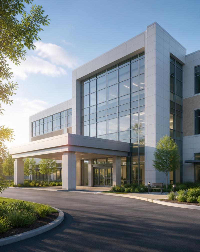 Modern medical office building with glass windows and soft morning light